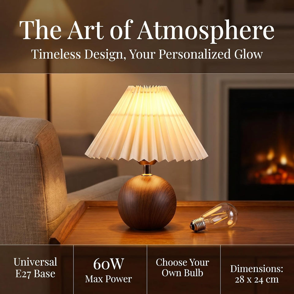Ceramic Globe Table Lamp – Walnut Base, Beige Shade