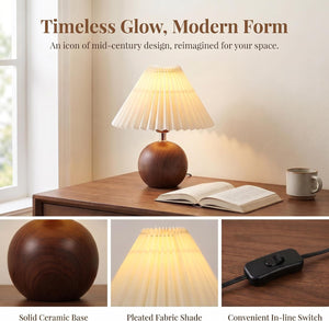 Ceramic Globe Table Lamp – Walnut Base, Beige Shade