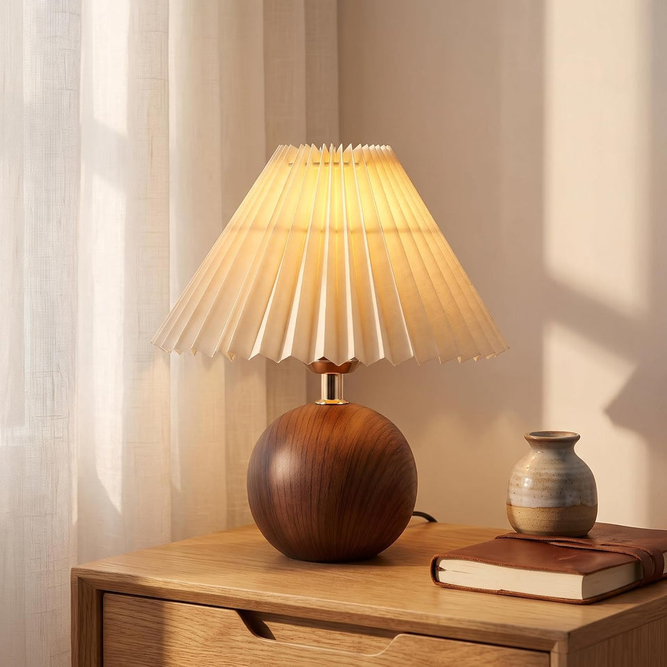 Ceramic Globe Table Lamp – Walnut Base, Beige Shade
