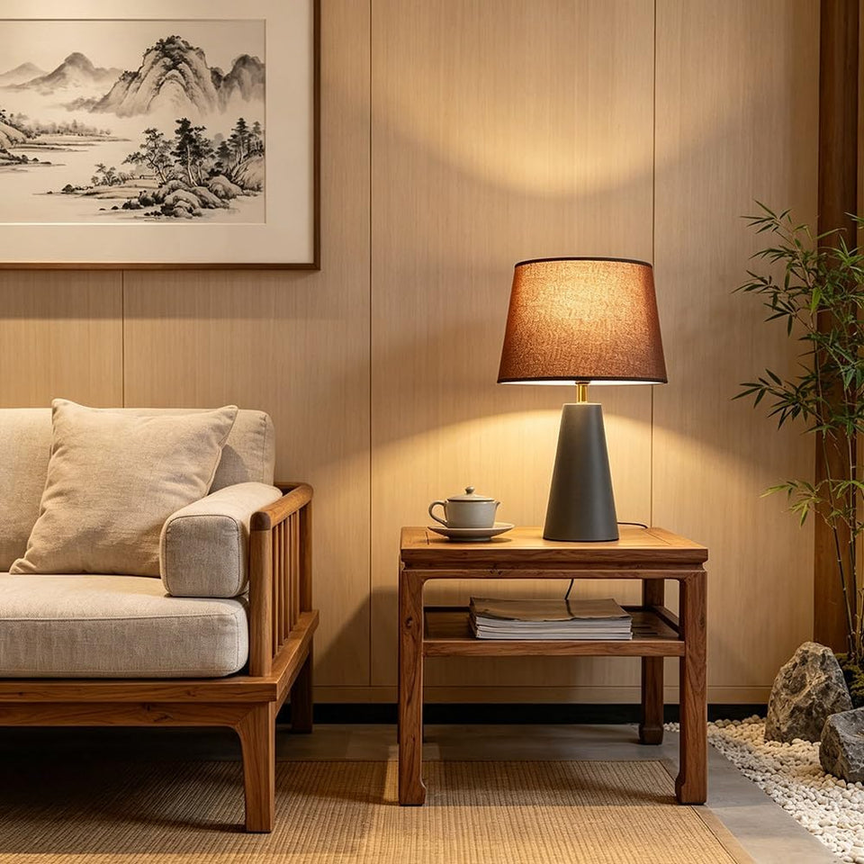 Modern Bedside Table Lamp – Linen Shade, Black Metal Base