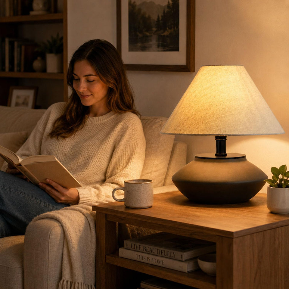 Farmhouse Ceramic Table Lamp – Black Base, Linen Shade