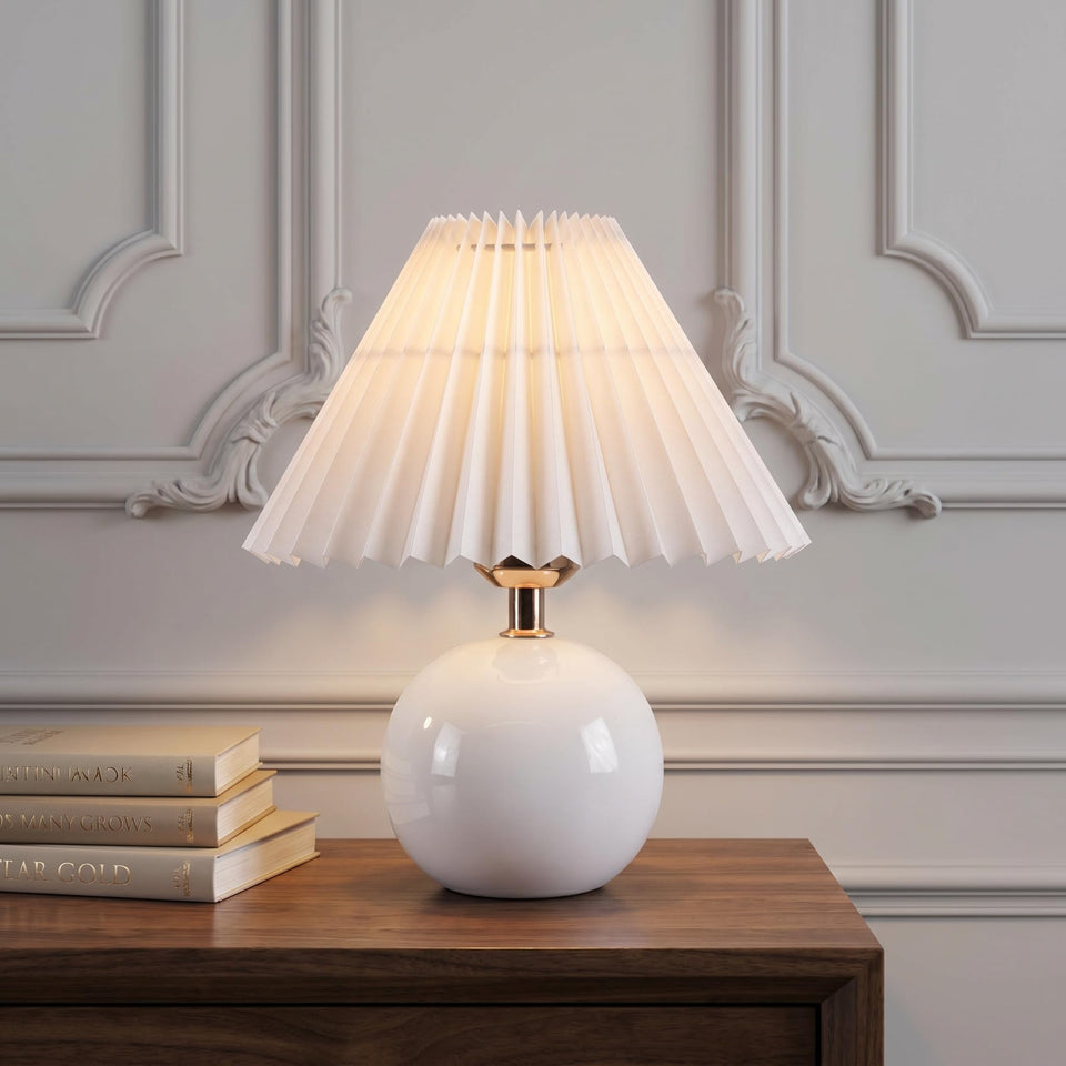 Ceramic Globe Table Lamp – Walnut Base, Beige Shade