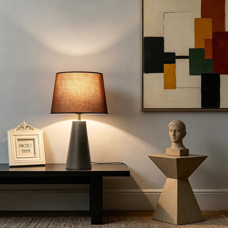 Modern Bedside Table Lamp – Linen Shade, Black Metal Base