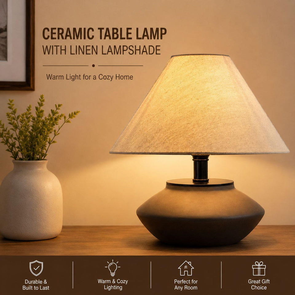 Farmhouse Ceramic Table Lamp – Black Base, Linen Shade
