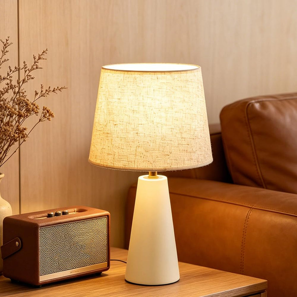 Modern Bedside Table Lamp – Linen Shade, Black Metal Base