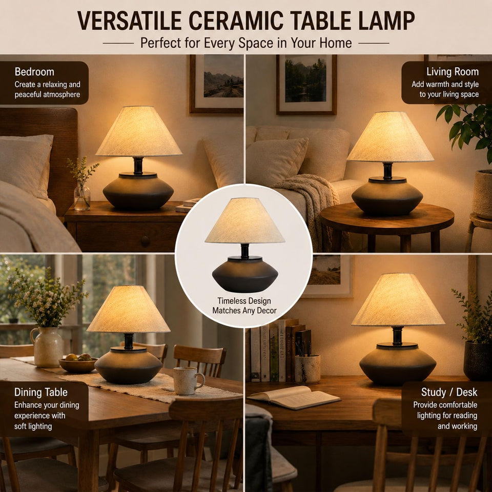 Farmhouse Ceramic Table Lamp – Black Base, Linen Shade