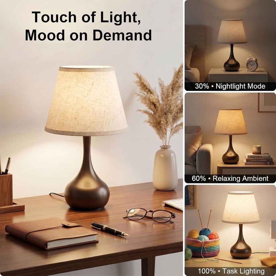 Touch Bedside Table Lamp – 3-Way Dimmable with Fabric Shade