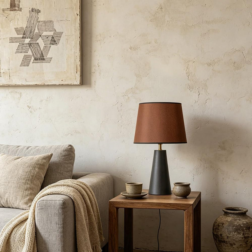 Modern Bedside Table Lamp – Linen Shade, Black Metal Base